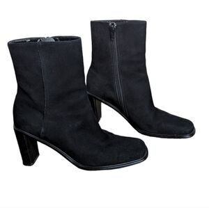 VTG Black Suede Side Zipper Block Heel Square Toe Boots